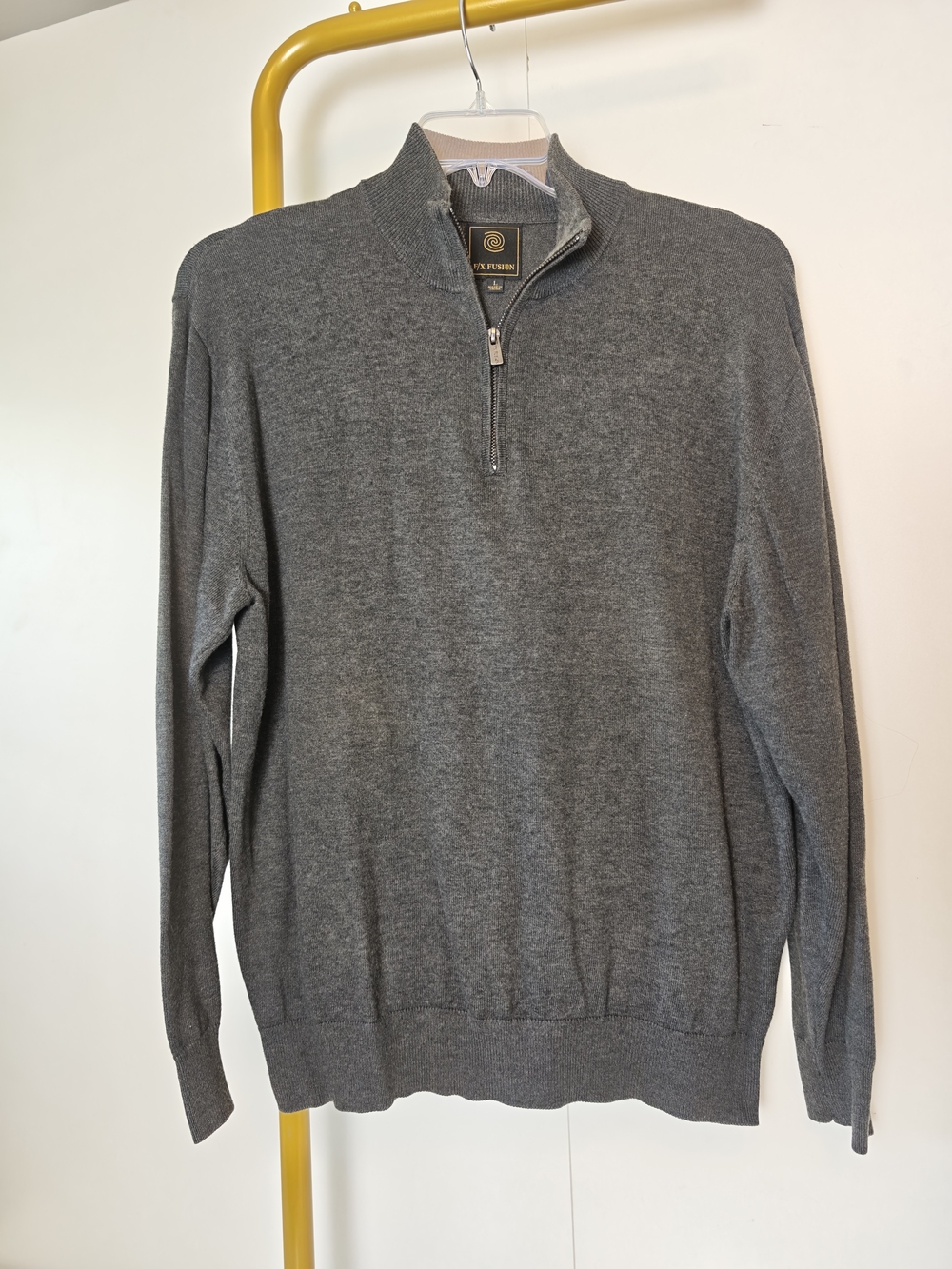 FX Fusion Mens Gray Quarter Zip Sweater Ribbed Stand Collar Large Thin Knit 4508